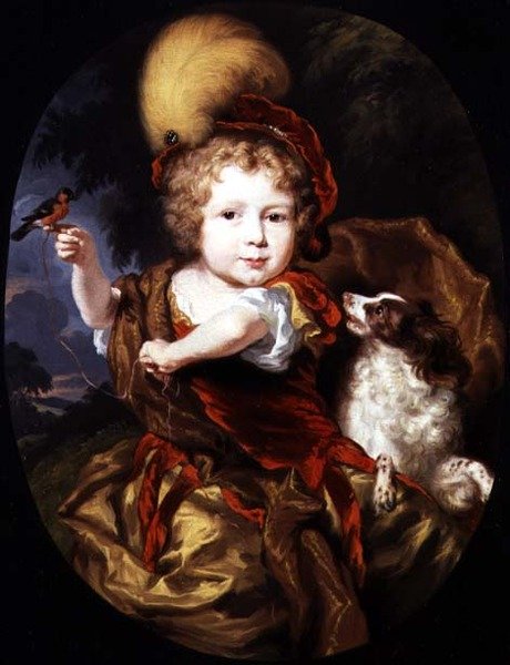 Retrato, de, um, menino, segurando, um, pássaro, ligado, seu, dedo, com, um, cão, por, seu, lado de Nicolaes Maes