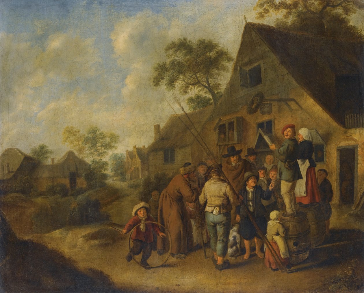 Figuras proclamando as notícias sobre barris fora de uma pousada por Jan Miense Molenaer de Nicolaes Molenaer