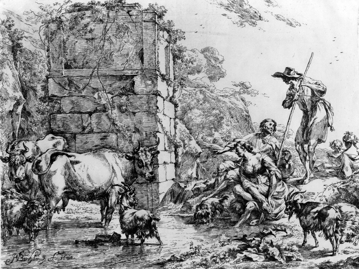 Vacas e cabras bebendo em uma lagoa de Nicolaes Pietersz. Berchem
