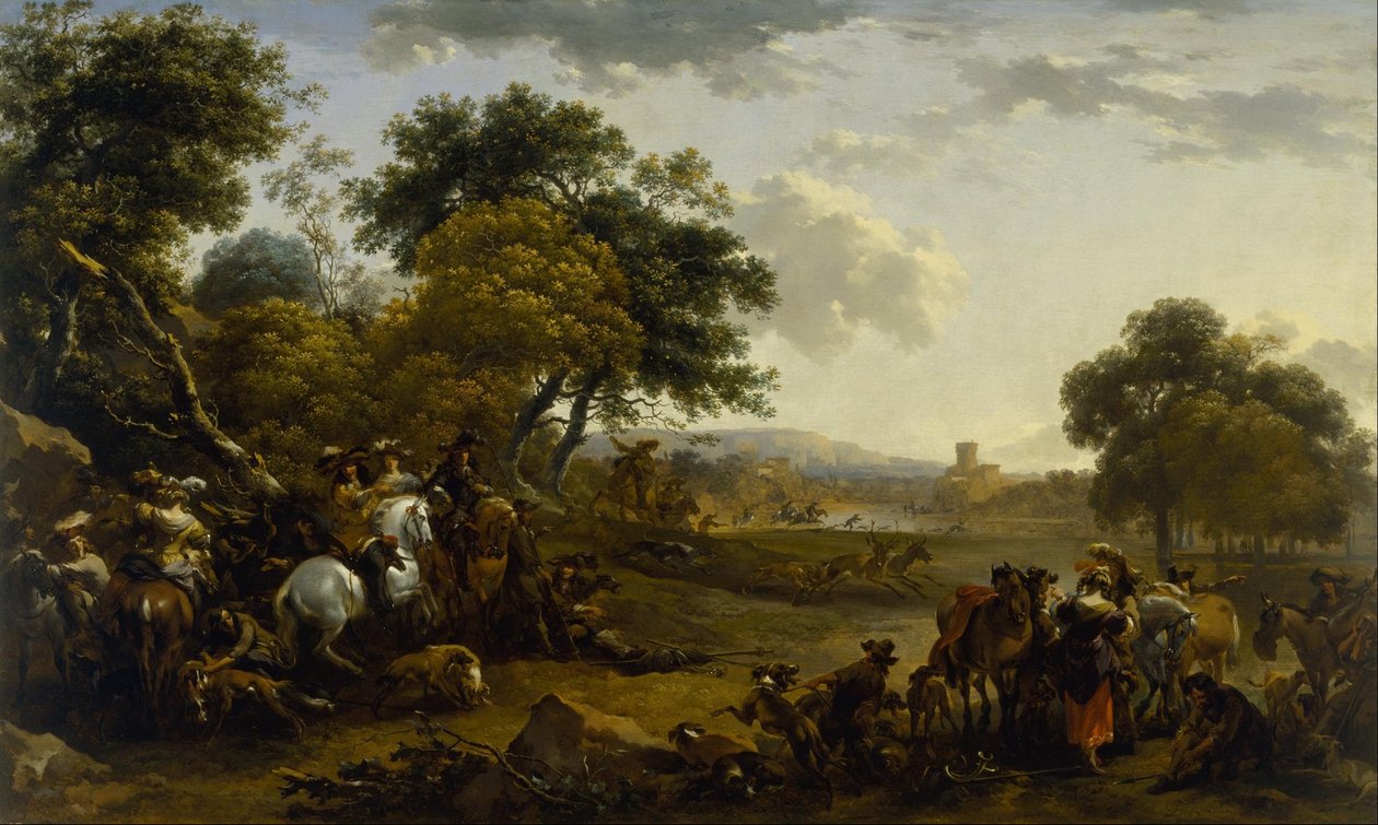 Paisagem com uma festa de caça de Nicolaes Pietersz. Berchem