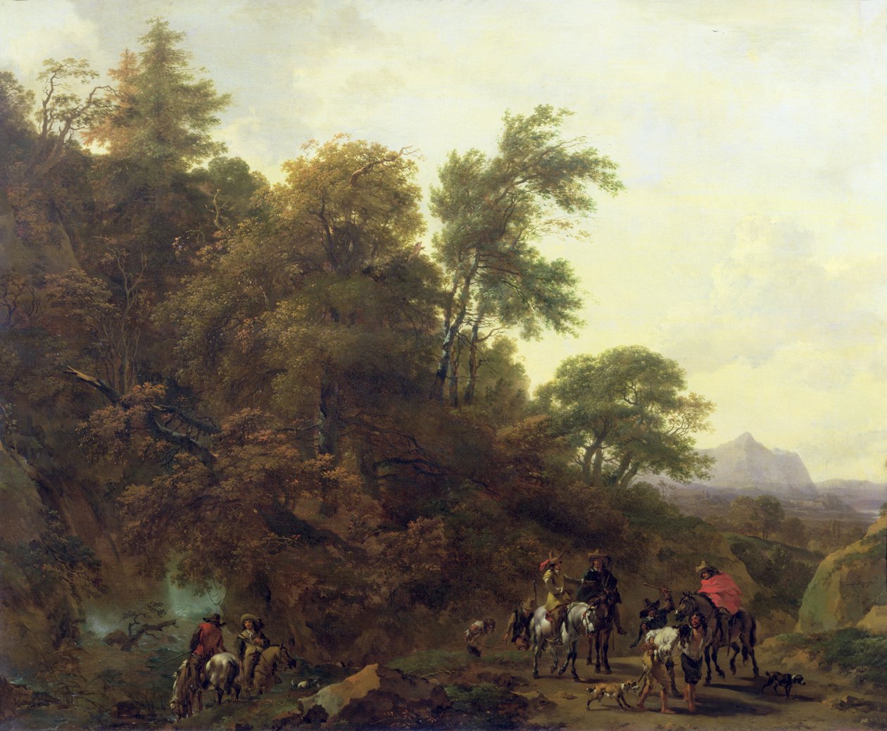 Paisagem arborizada com soldados que escoltam prisioneiros, 1656 de Nicolaes Pietersz. Berchem