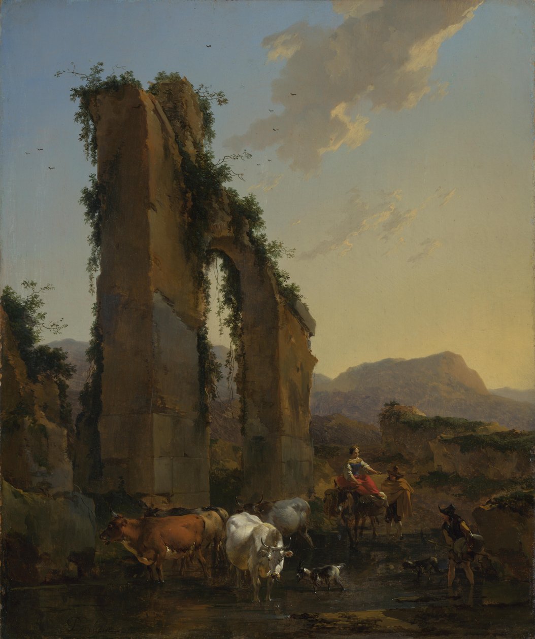 Camponeses com gado por um aqueduto arruinado. de Nicolaes Pietersz. Berchem