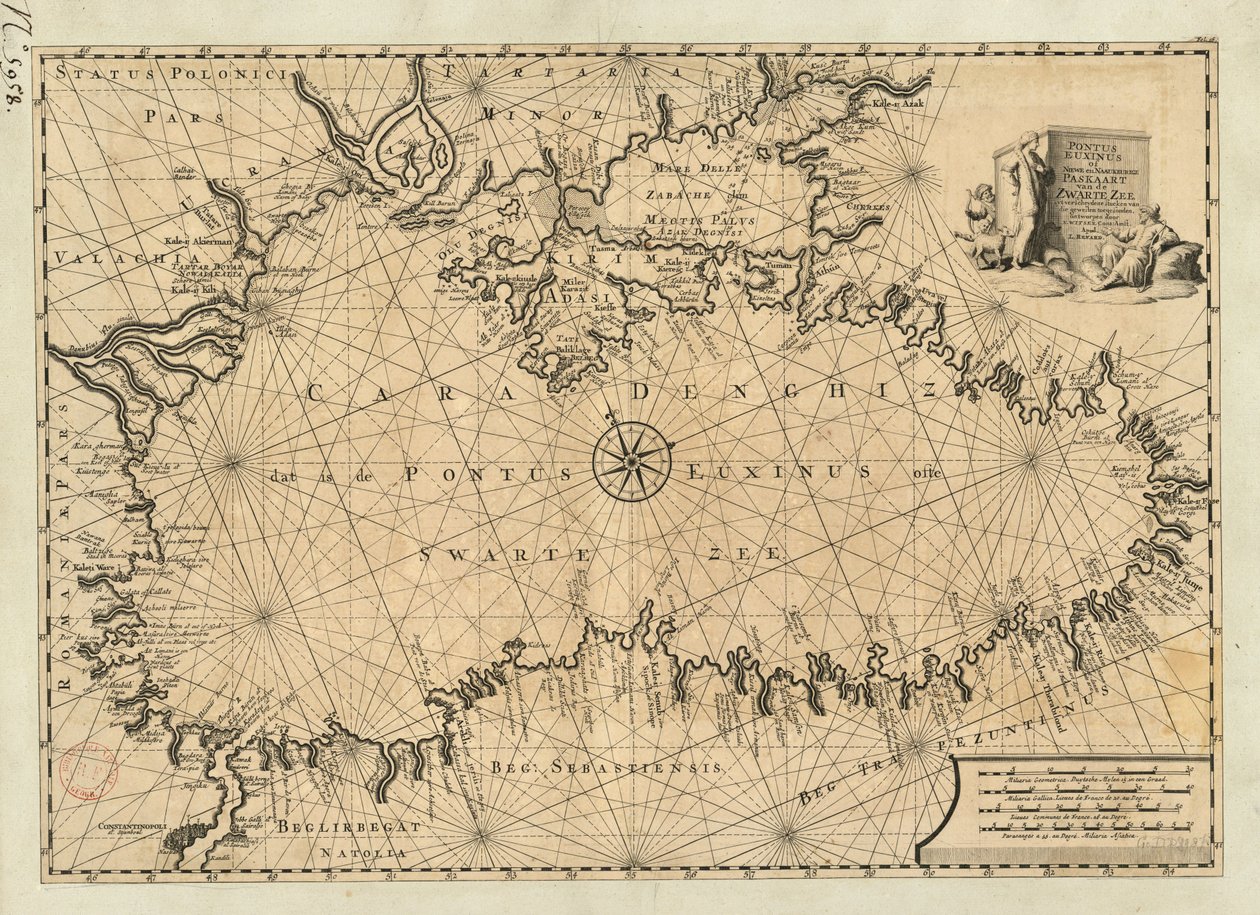 Pontus Euxinus ou novo e preciso cartão de passaporte do Mar Negro de várias hastes de estuque enviadas por de Nicolaes Witsen