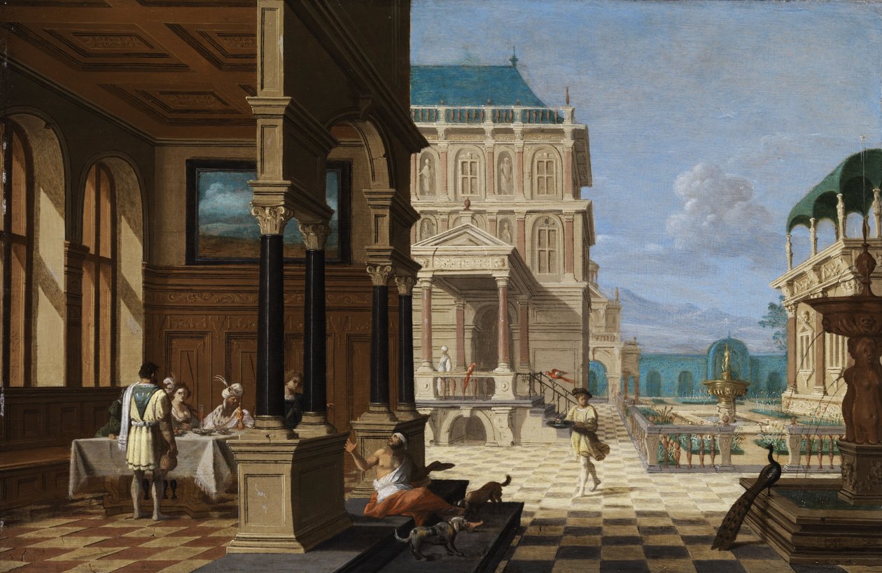 Pátio do palácio com loggia e figuras de Nicolaes de Giselaer