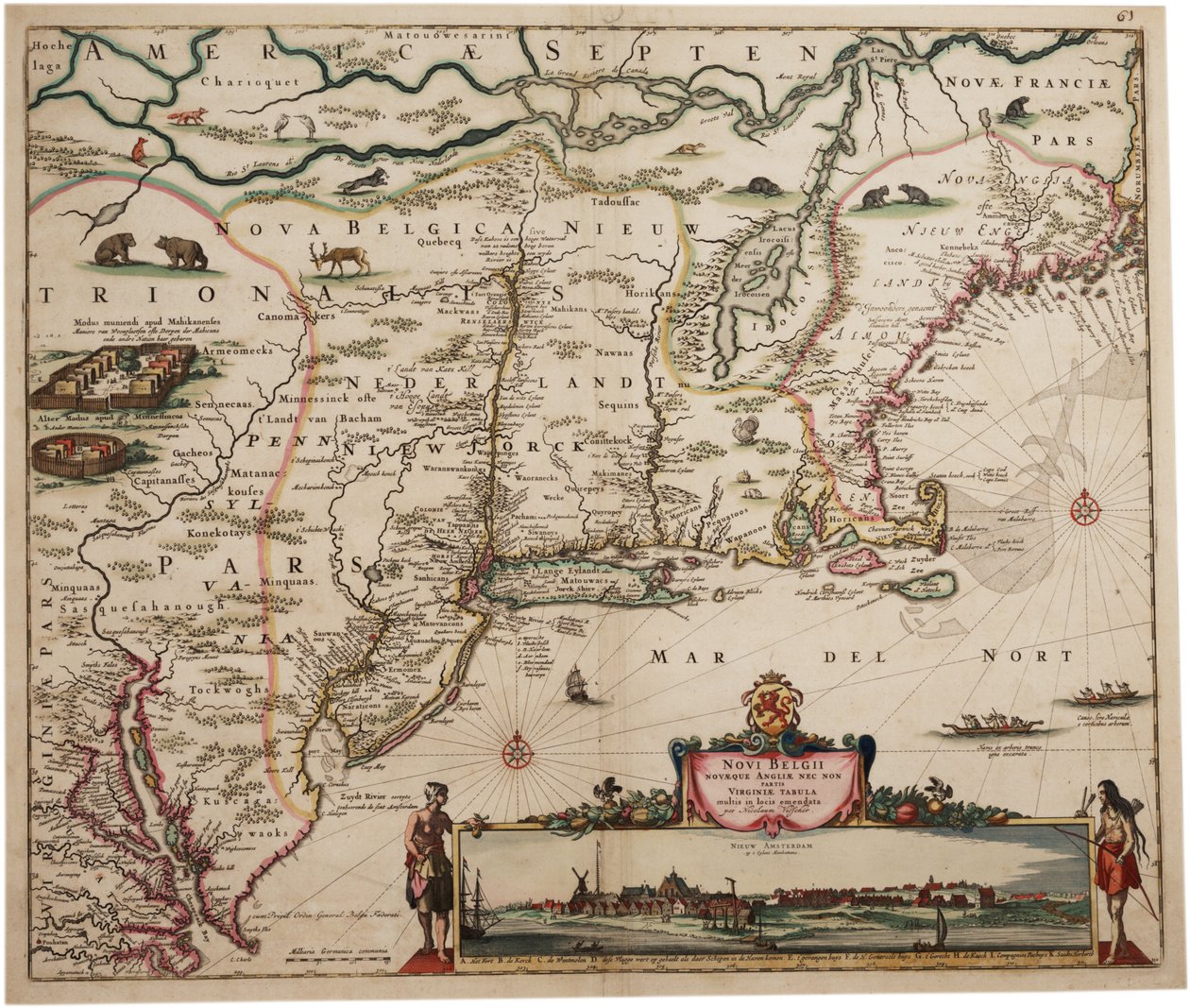 Novi Belgi Novaeque Angliae [Nova Holanda e Nova Inglaterra], 1682 (gravura colorida à mão) de Nicolaes the Younger Visscher
