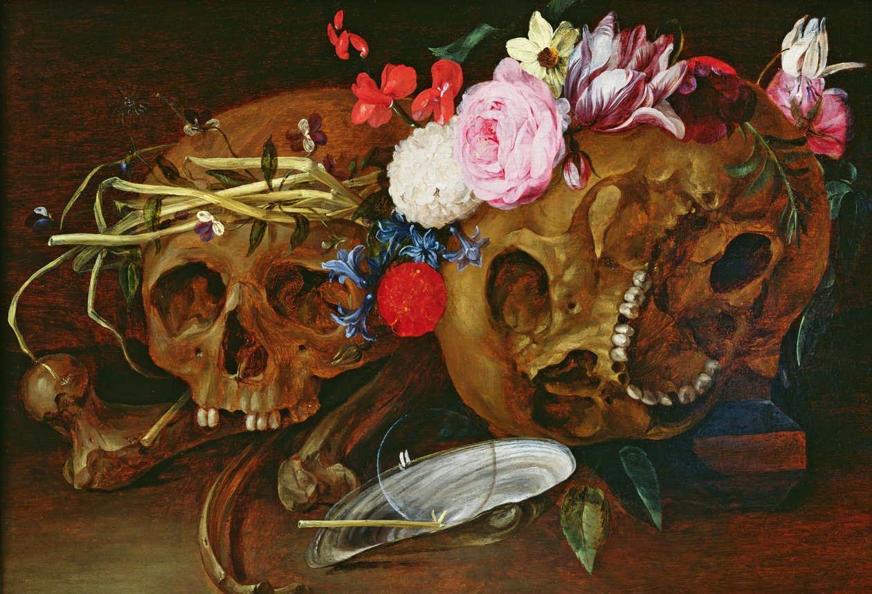 Vanitas Still Life com crânios, flores, uma concha de mexilhão de pérola, uma bolha e palha de Nicolaes van Veerendael