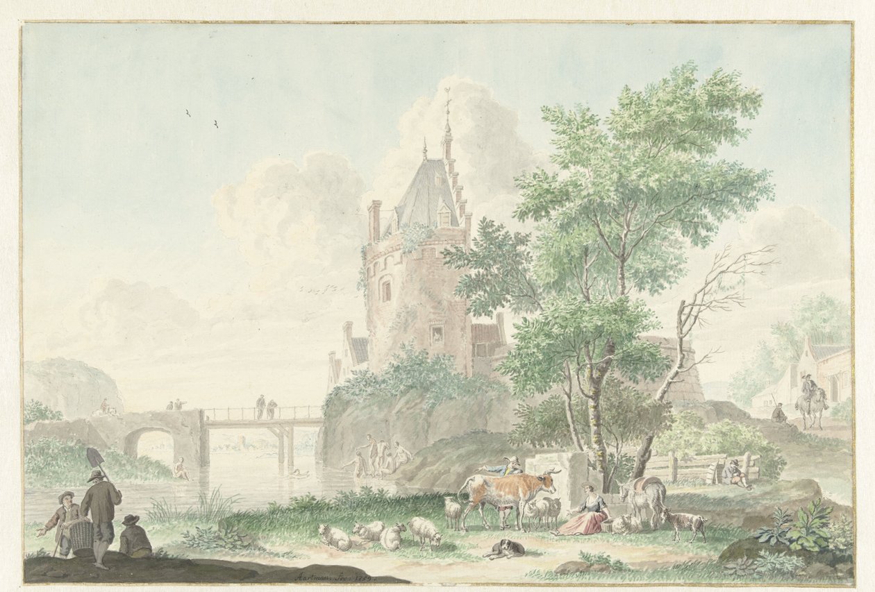 Paisagem de verão com figuras e gado de Nicolaes Aartman
