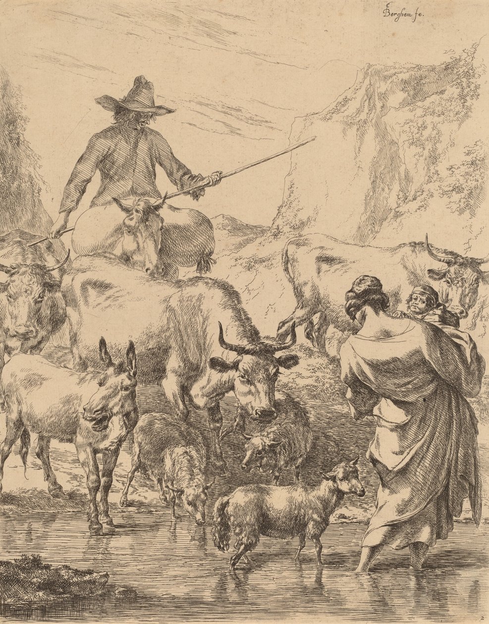Rebanho cruzando o riacho. de Nicolaes Berchem