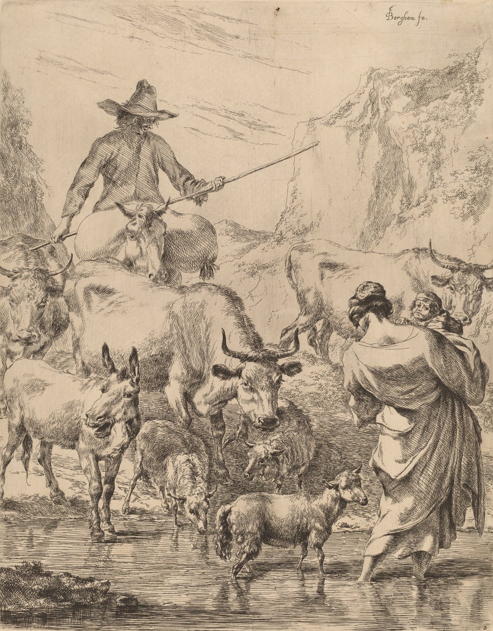 Rebanho cruzando o riacho. de Nicolaes Berchem