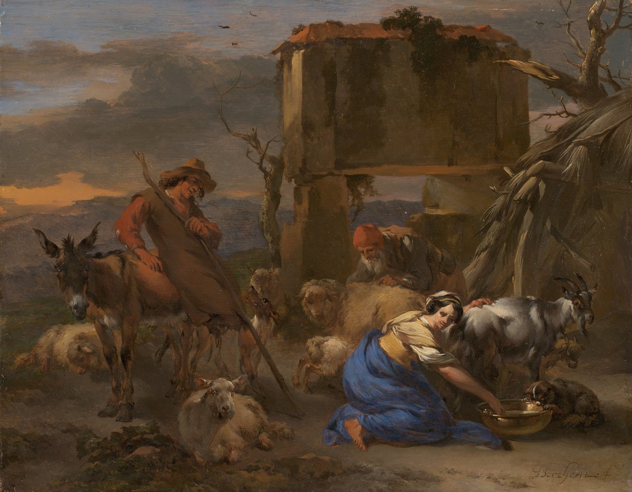 Cena pastoral com uma pastora ordenhando uma cabra, 166570. de Nicolaes Berchem