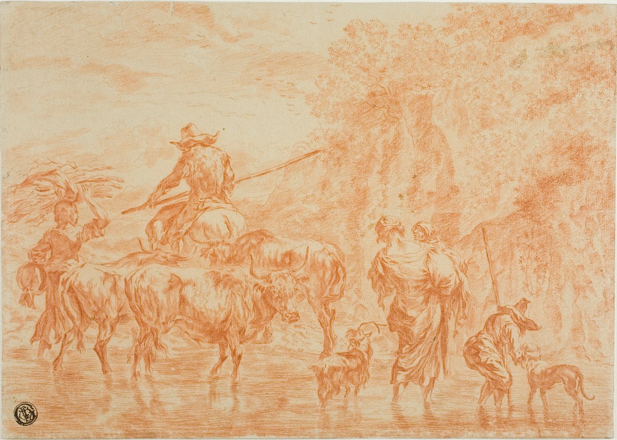 Camponeses e gado cruzando Ford de Nicolaes Berchem
