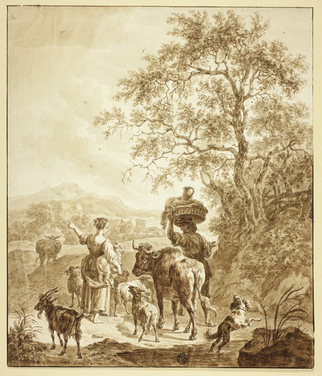 Pastora e camponesa com rebanho na paisagem italianizada de Nicolaes Berchem