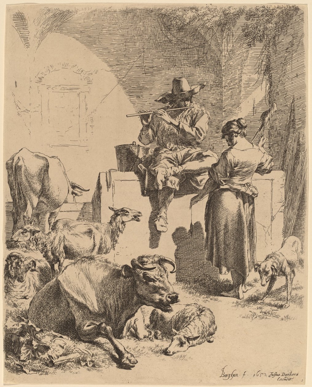 O pastor sentado em uma fonte e a fiandeira, 1652. de Nicolaes Berchem