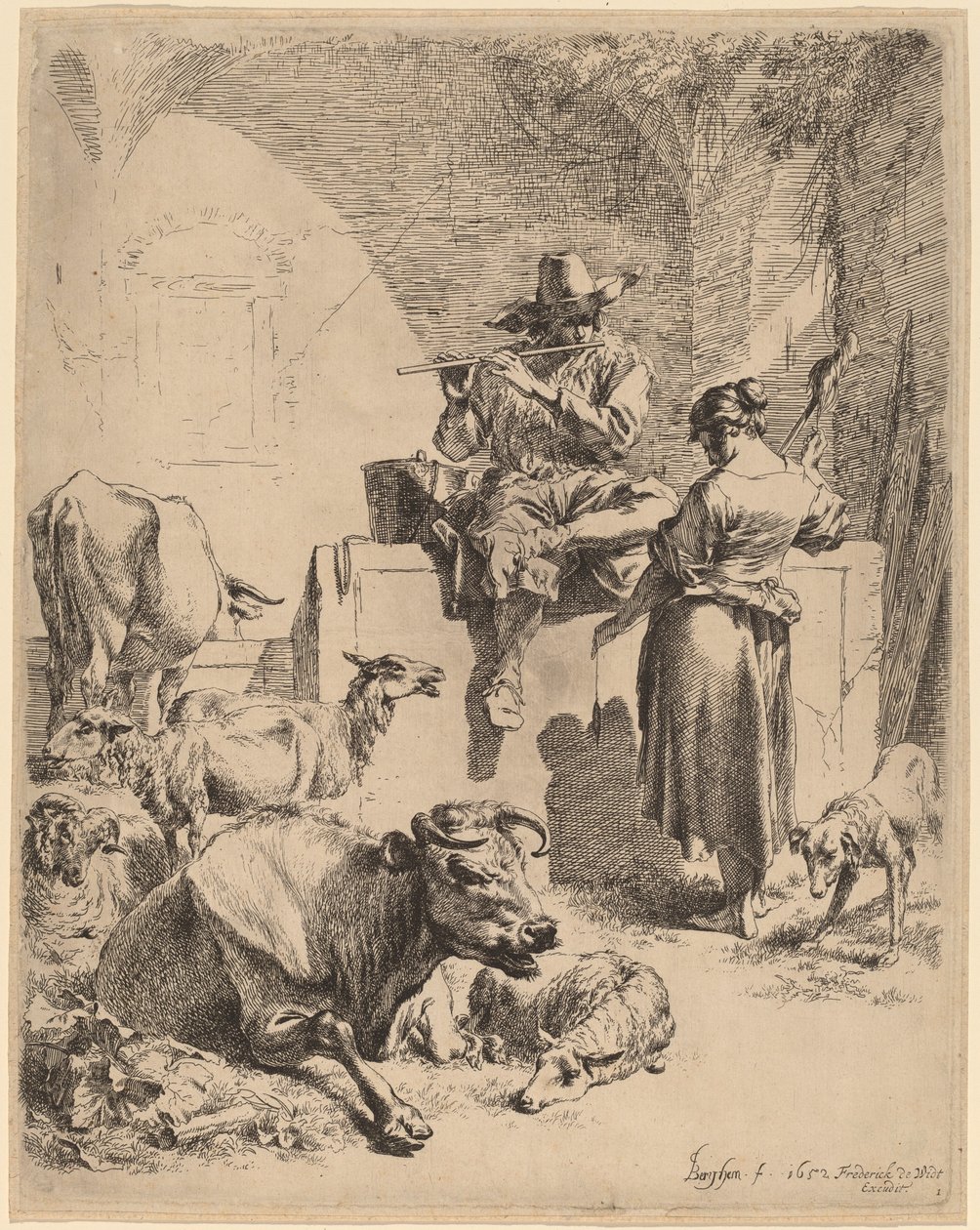 O pastor sentado em uma fonte e a fiandeira, 1652. de Nicolaes Berchem