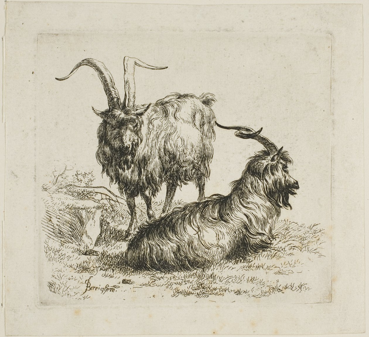 Duas cabras com chifres grandes, de vários animais de Nicolaes Berchem