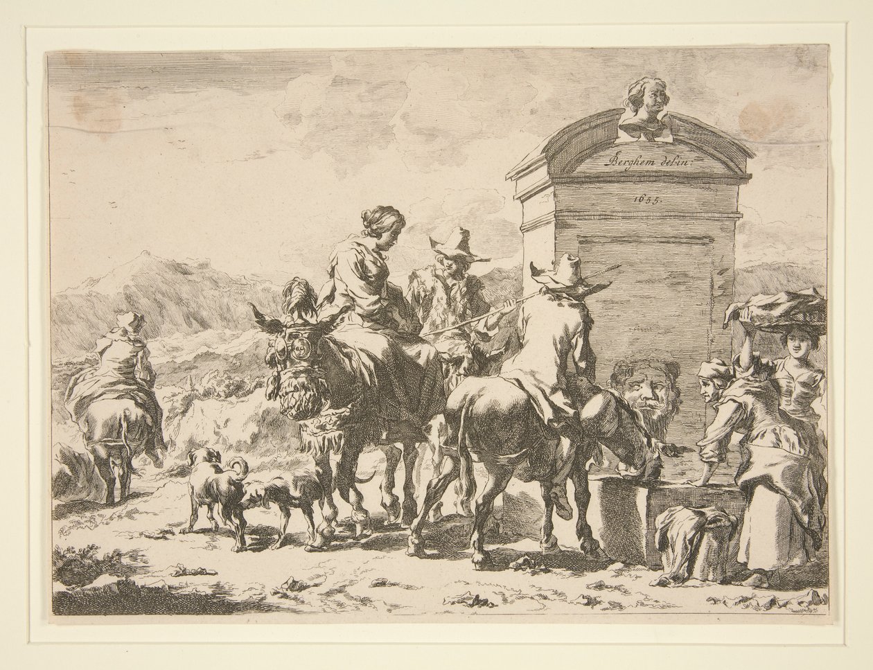 Sem título - Cena do género com pessoas sobre burros e uma lápide de Nicolaes Berchem