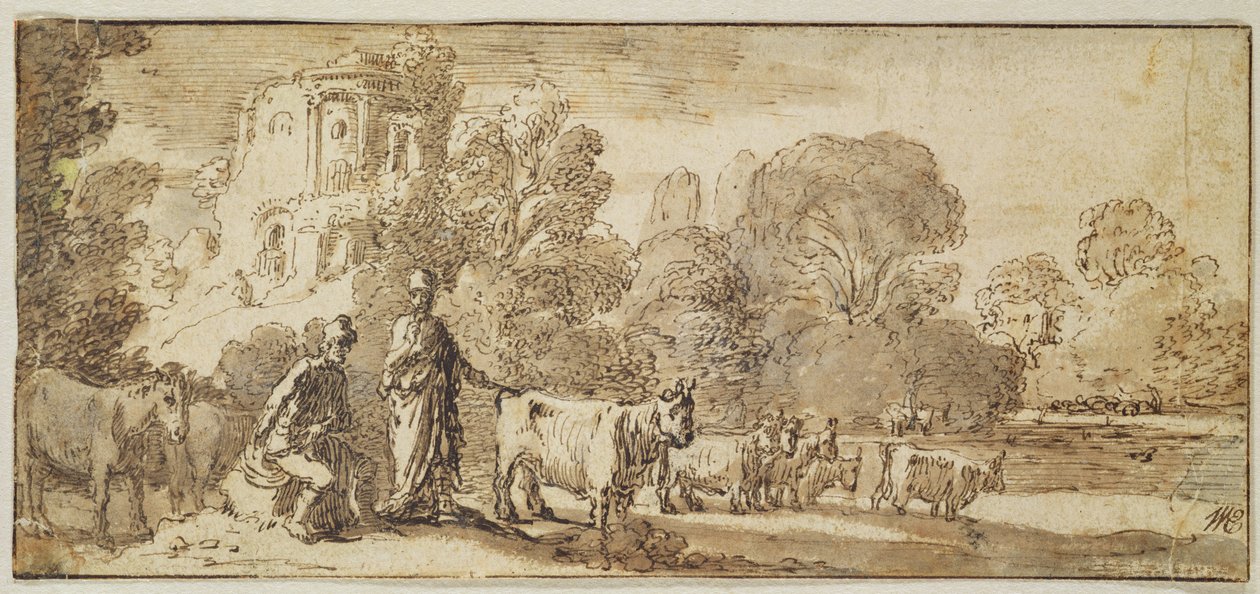 Mercúrio e Argus com um rebanho de gado (caneta e tinta no papel) de Nicolaes Cornelisz Moeyaert