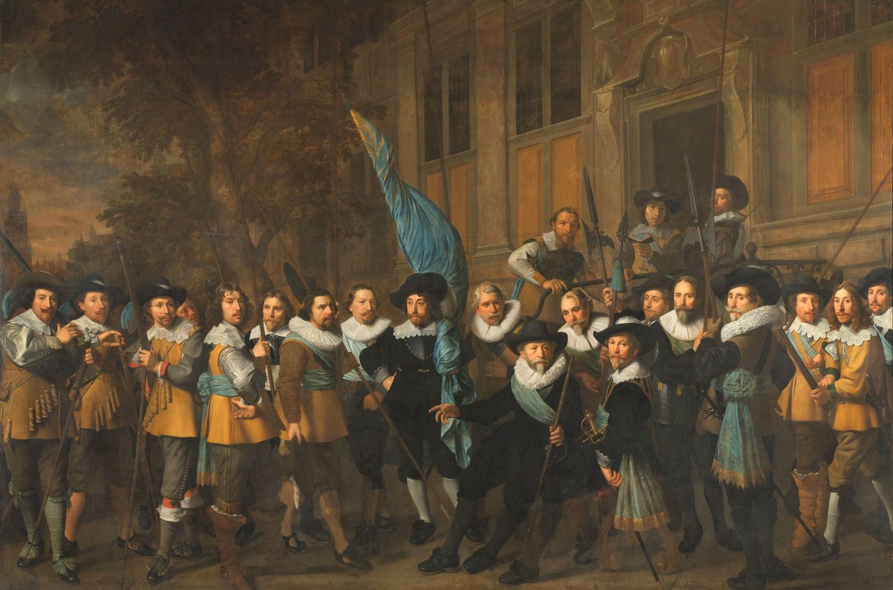 Oficiais e outros guardas cívicos do IV Distrito de Amsterdã, sob o comando do capitão Jan Claesz van Vlooswijck e do tenente Gerrit Hudde de Nicolaes Eliasz Pickenoy