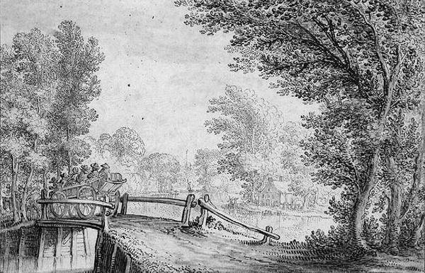 PD.783-1963 Paisagem com um carrinho Cruzando uma ponte (caneta e tinta) de Nicolaes Jansz  Visscher