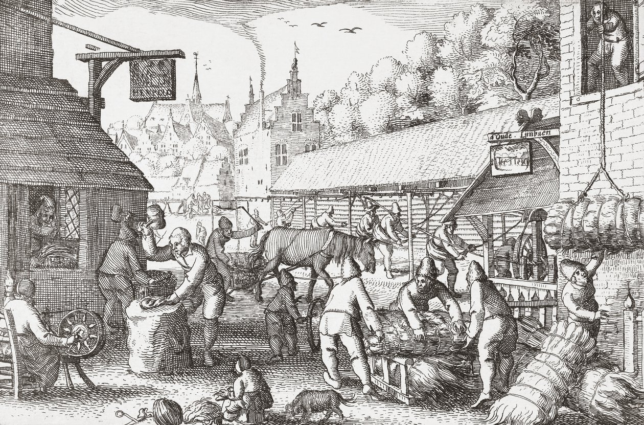 Aldeões holandeses do século XVII fazendo corda de Nicolaes Jansz Visscher