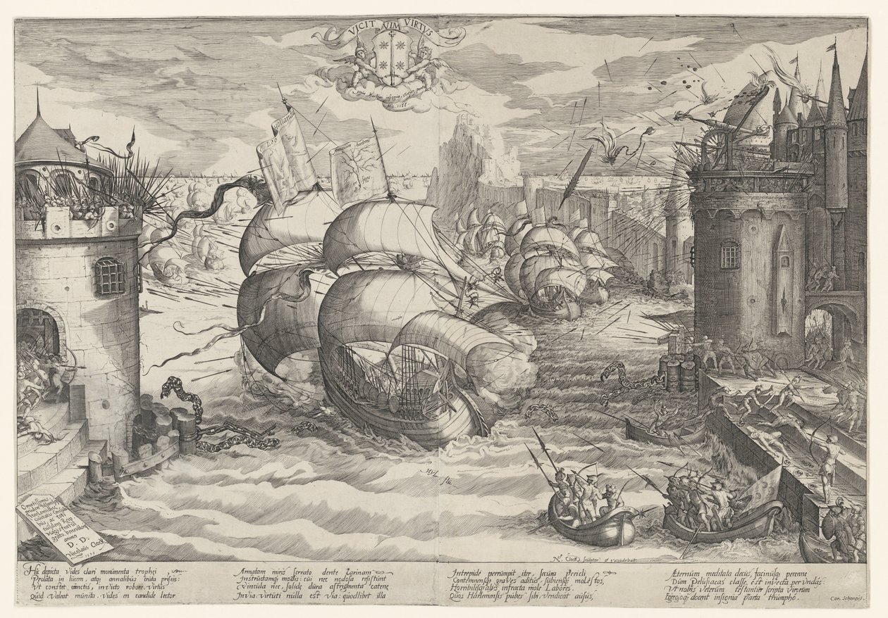 Tomando Damiate e navegando através da corrente, 1219 de Nicolaes Jansz. Clock