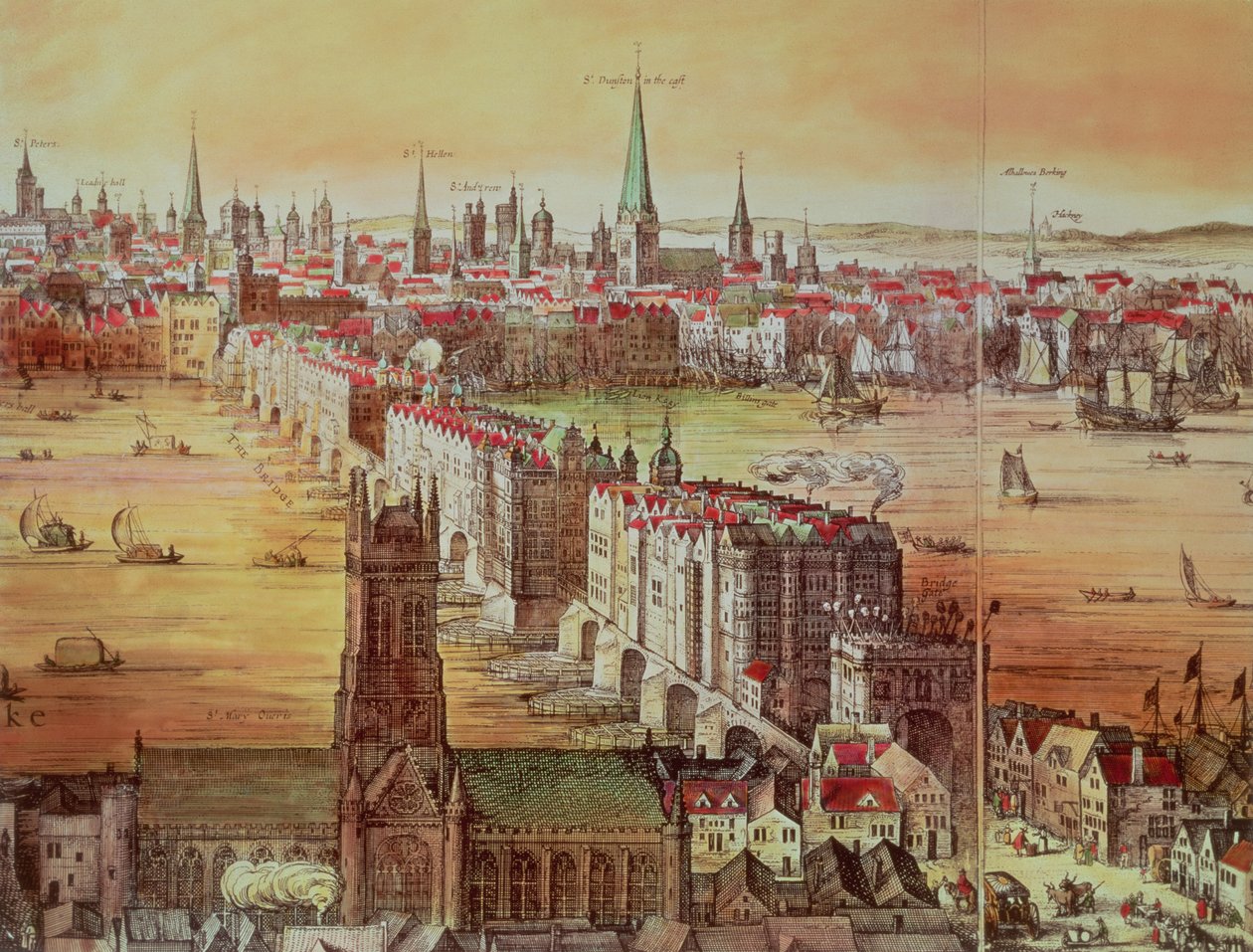 Ponte velha de Londres, detalhe da &39;Londres de Vischer&39;, século XVII (gravura) de Nicolaes Jansz Visscher