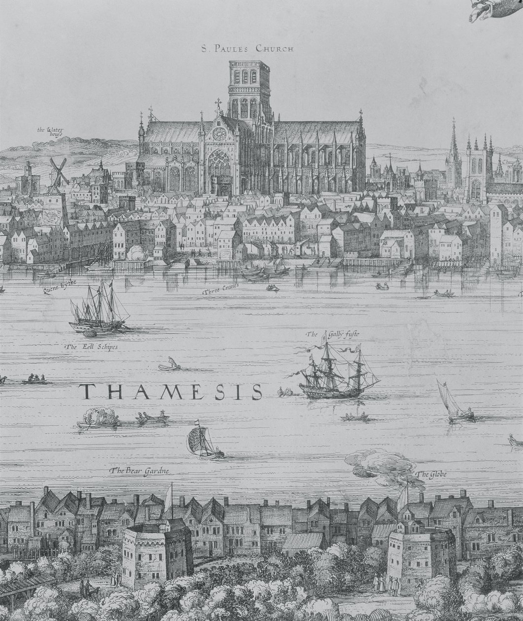 Panorama, de, londres, e, a, thames, detalhe, de, parte, dois, mostrando, st. Pauls, catedral, e, a, teatro globo, c.1600, detalhe gravura, de, 7214 de Nicolaes Jansz Visscher