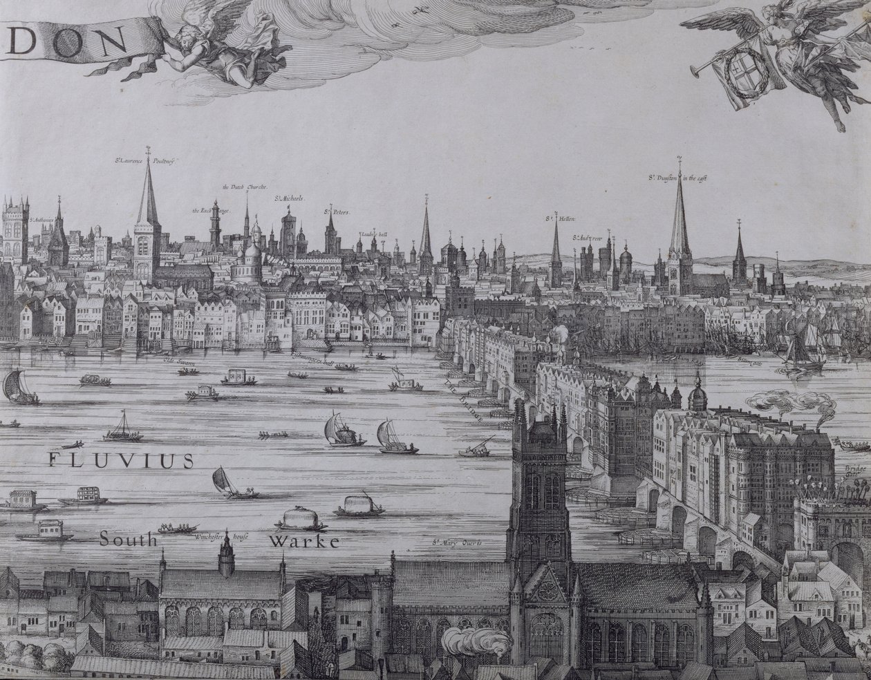 Panorama de Londres e do Tâmisa, parte três mostrando Southwark, London Bridge e as igrejas na cidade, c.1600 (ver também 7214, 64730 e 64732) de Nicolaes Jansz Visscher