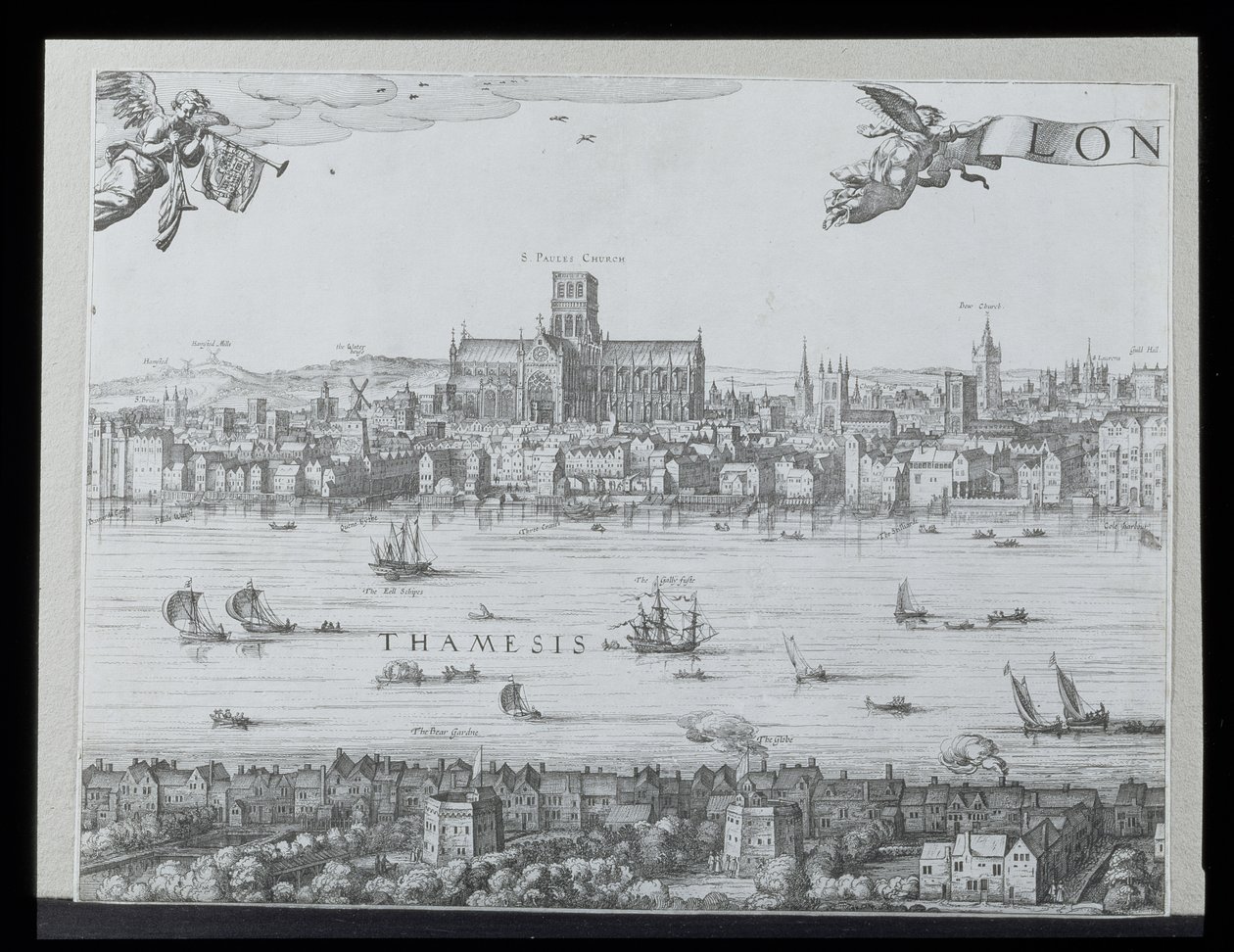 Panorama de Londres e do Tamisa, parte dois, mostrando a Catedral de St. Paul e o Globe Theatre, c. 1600 (ver também 64730-32) (para detalhes ver 92085) de Nicolaes Jansz Visscher