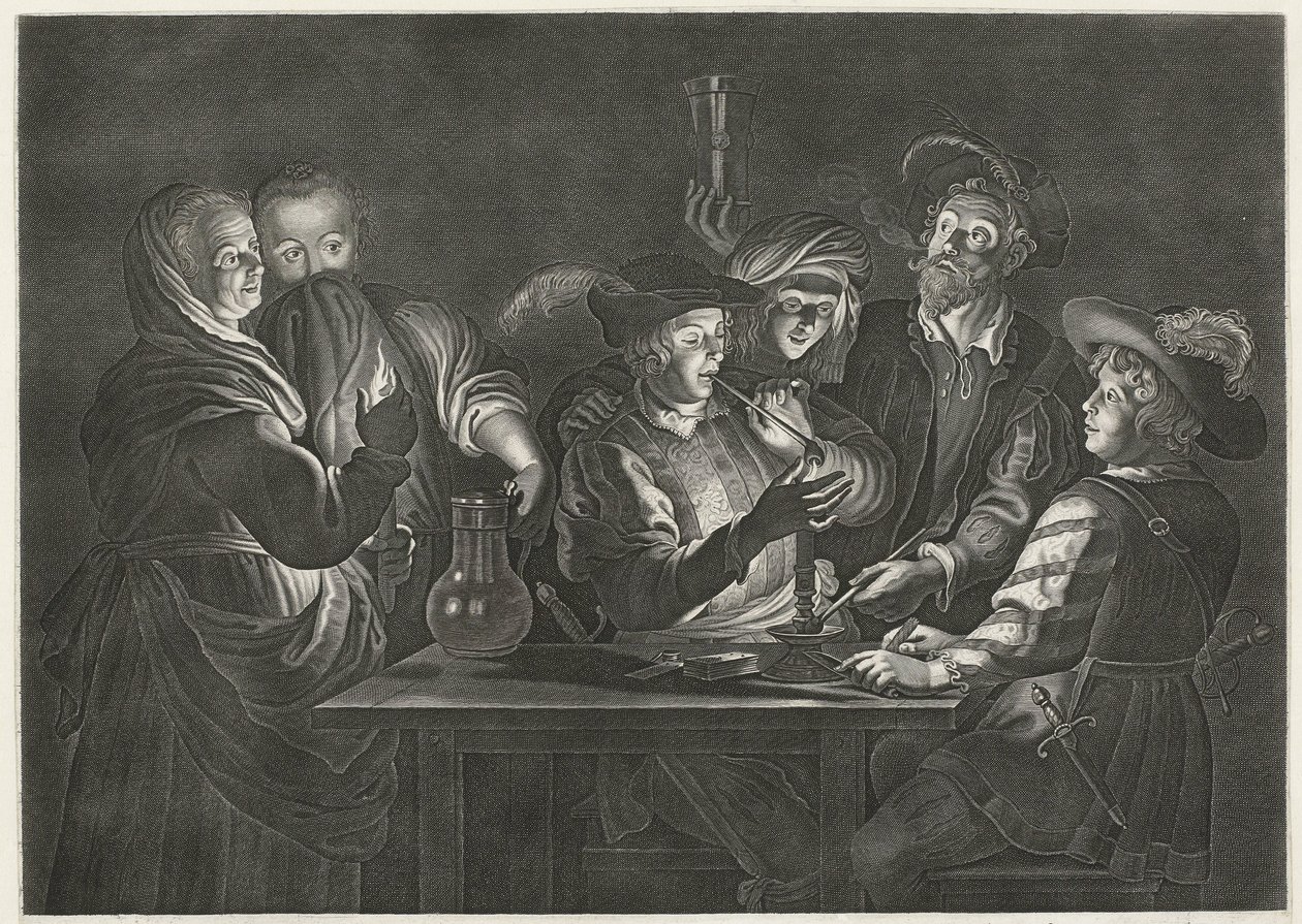Fumar e beber homens numa estalagem de Nicolaes Lauwers