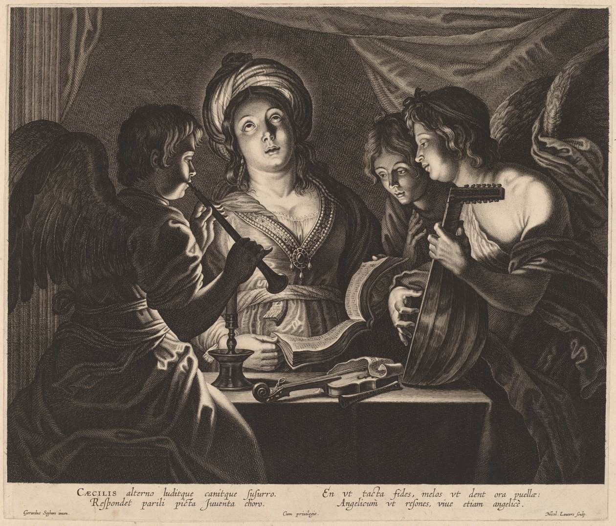 Santa Cecília Acompanhada por Músicos Celestiais de Nicolaes Lauwers after Gerard Seghers