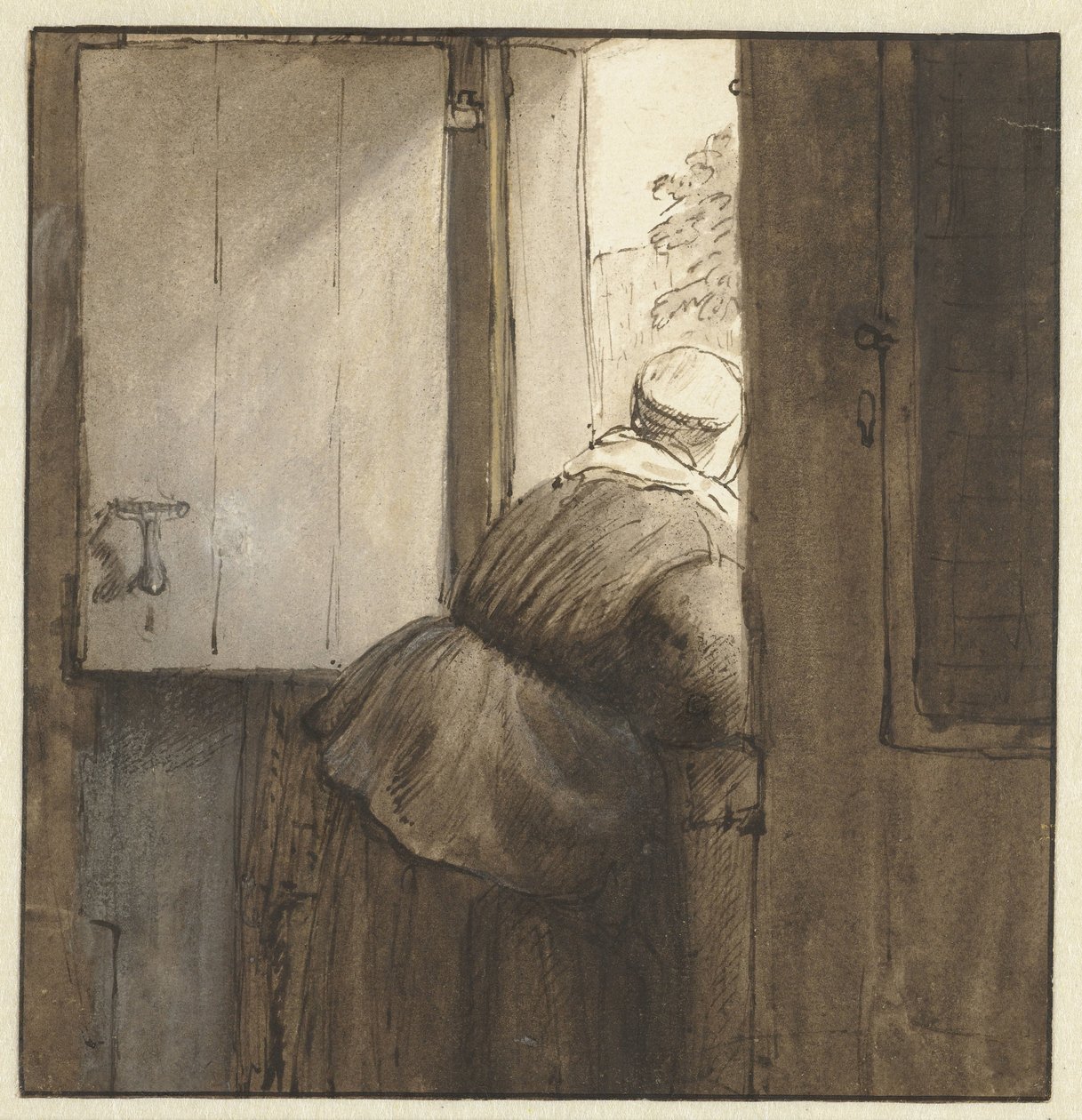 Mulher debruçada sobre a porta inferior de Nicolaes Maes (possibly)