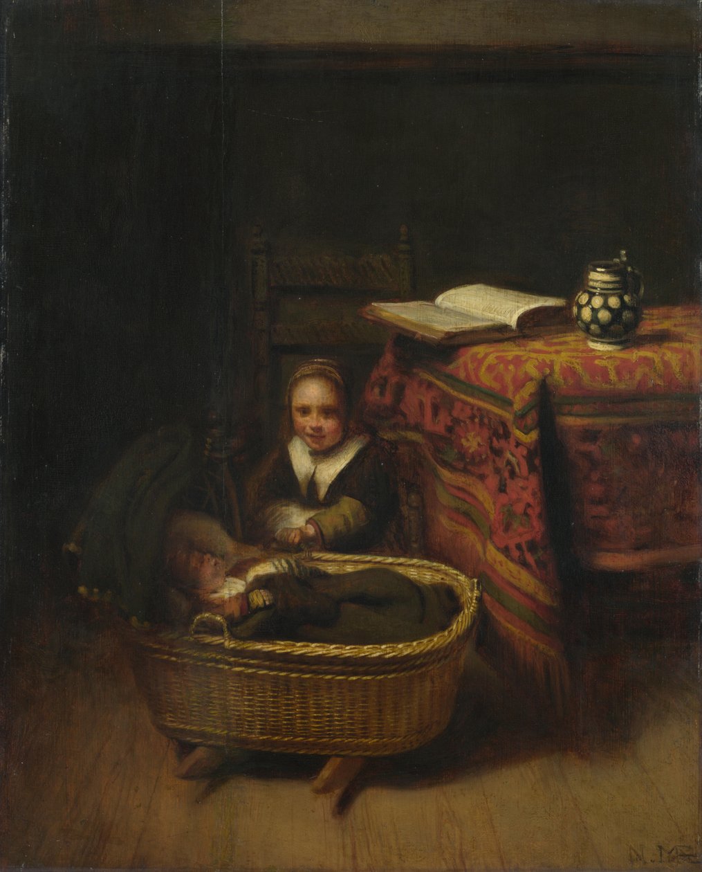 Uma garotinha balançando um berço, c. 1655 de Nicolaes Maes