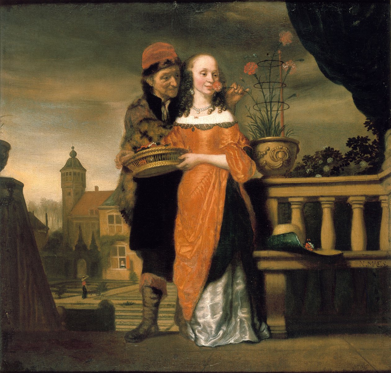 Um homem segurando um cravo no nariz de uma mulher: uma alegoria do sentido do olfato, pré 1660 de Nicolaes Maes