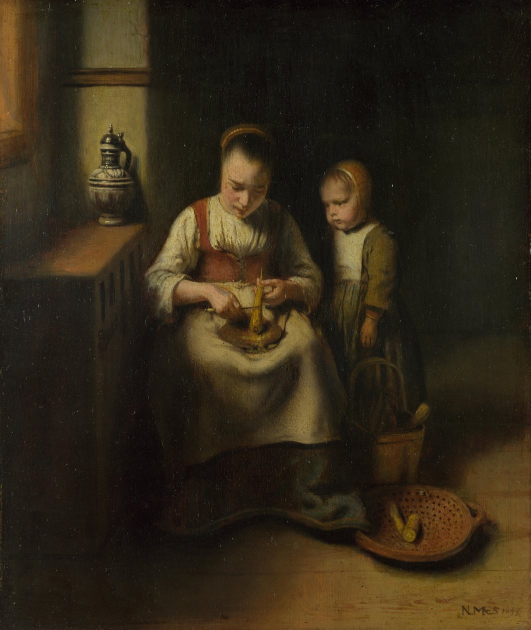 Uma mulher raspando pastinaga, com uma criança de pé ao lado dela, 1655 de Nicolaes Maes