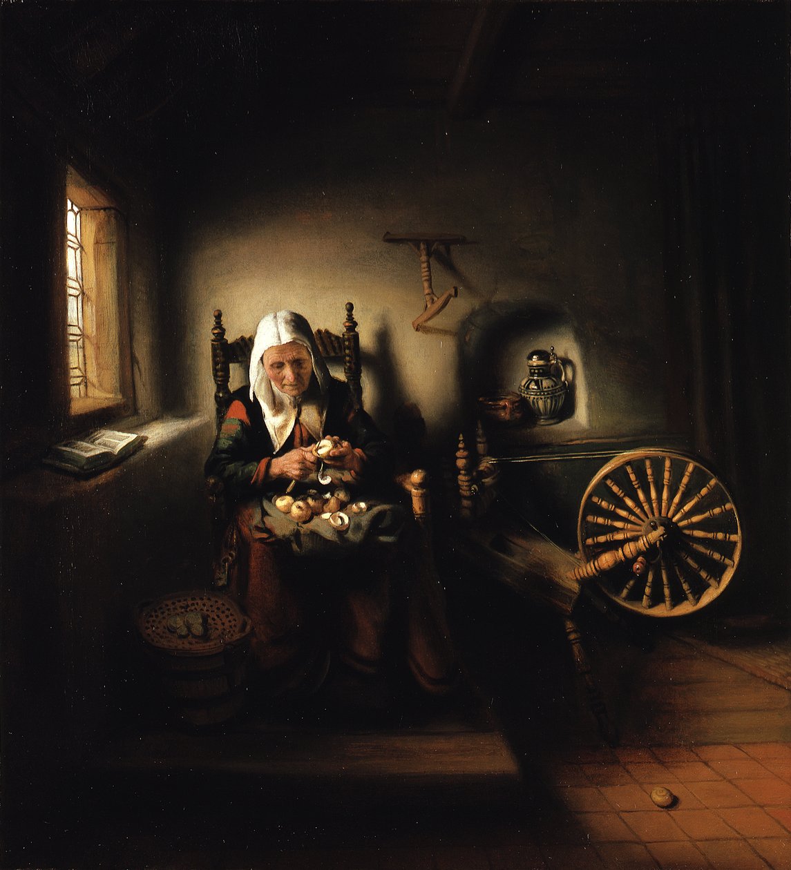 Mulher idosa a descascar maçãs de Nicolaes Maes