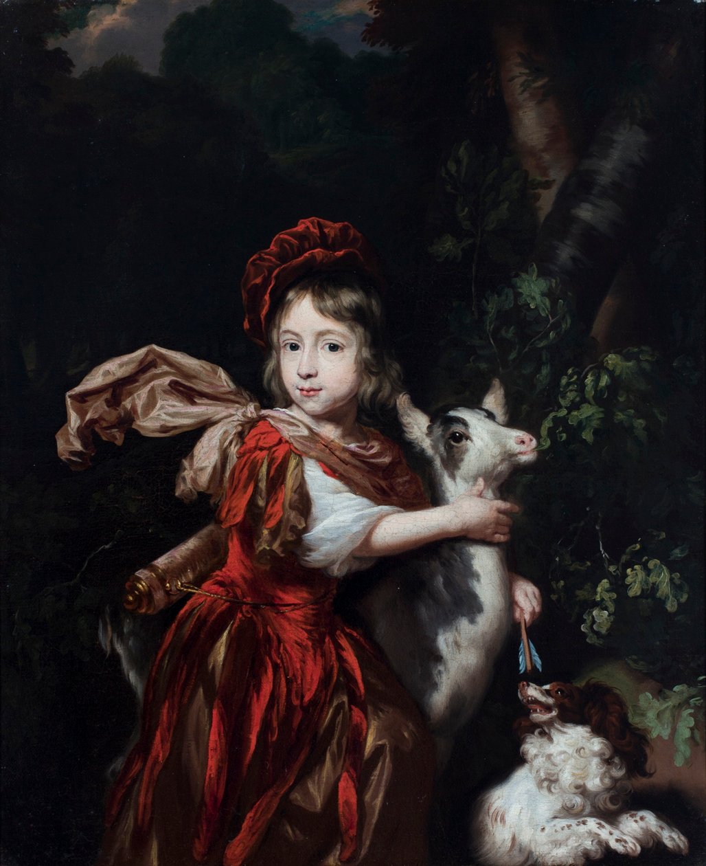 Holandês: Retrato de um rapaz com uma cabra e um cão, numa paisagem Retrato de um rapaz vestido de caçador com uma cabra e um cão de Nicolaes Maes