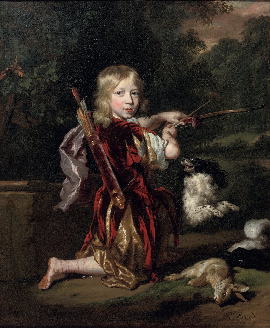 Neerlandês: Portret van een onbekende jongen Retrato de um rapaz, de corpo inteiro, num traje de estilo clássico, desenhando um laço de Nicolaes Maes