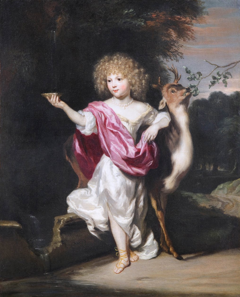 "Retrato de petite fille avec une biche" (Retrato de uma menina com um veado) Peinture de Nicolaes Maes (1634-1693), - Óleo sobre tela Dim 58x49 cm Fondation Custodia de Nicolaes Maes
