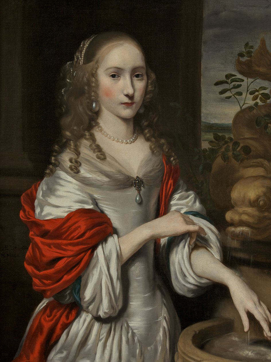 Retrato de uma Jovem, de pé perto de uma Fonte de Nicolaes Maes