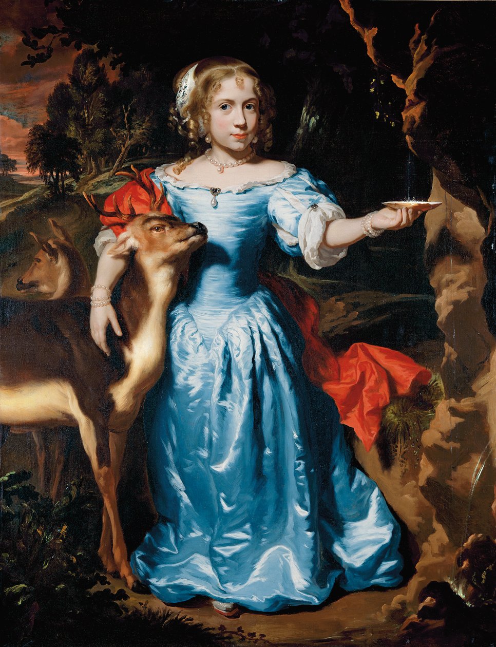 Retrato de uma menina, de corpo inteiro, como Granida, em um vestido de seda azul e manto vermelho, a mão esquerda pegando água em uma concha de uma nascente, a mão direita em um cervo de Nicolaes Maes