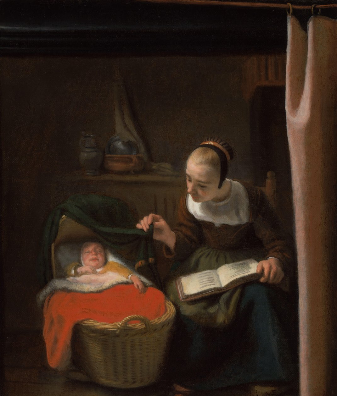 Mulher jovem em um berço de Nicolaes Maes