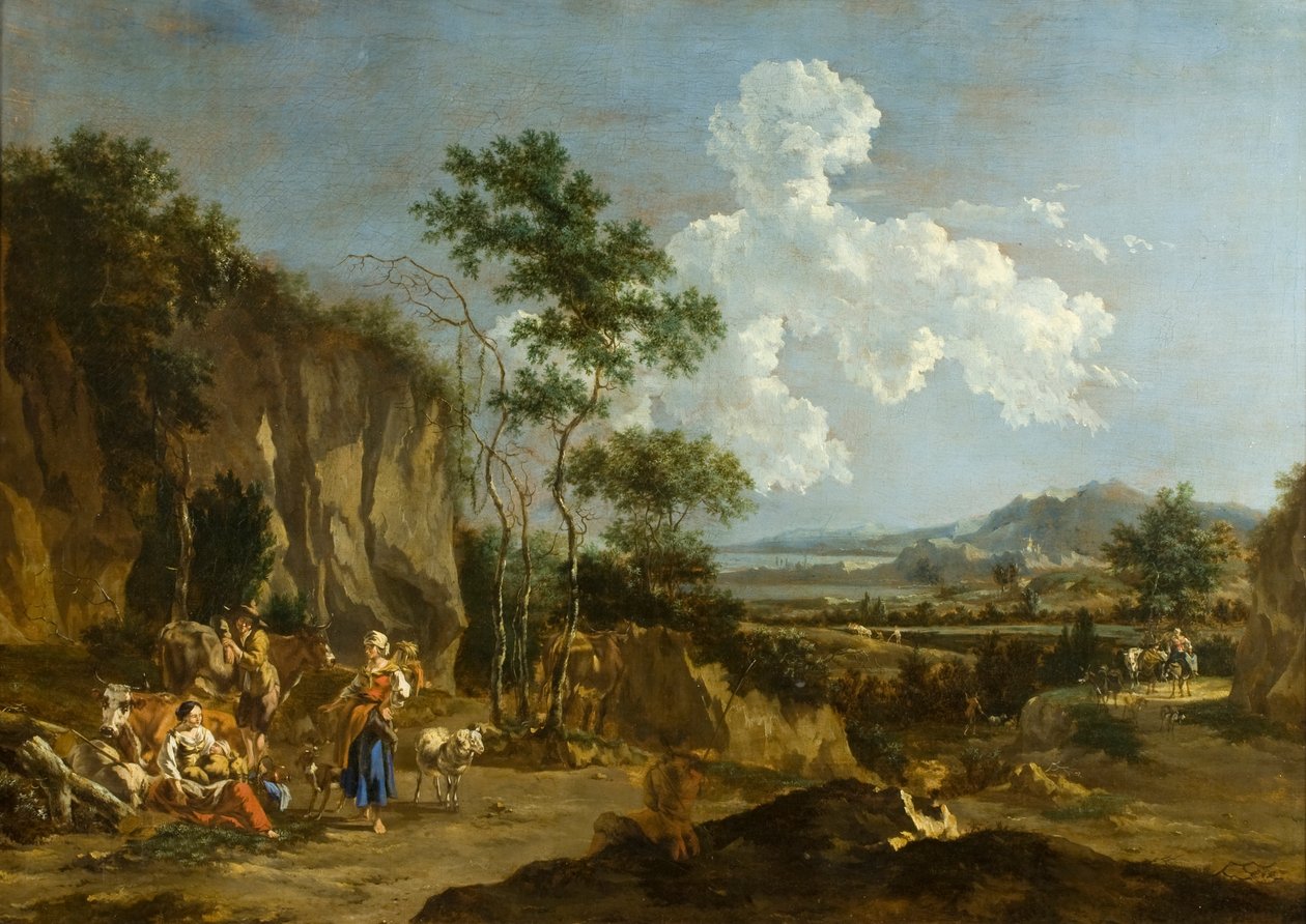 Paisagem Italiana (ou Almoço dos Trabalhadores) de Nicolaes Pietersz (follower of) Berchem
