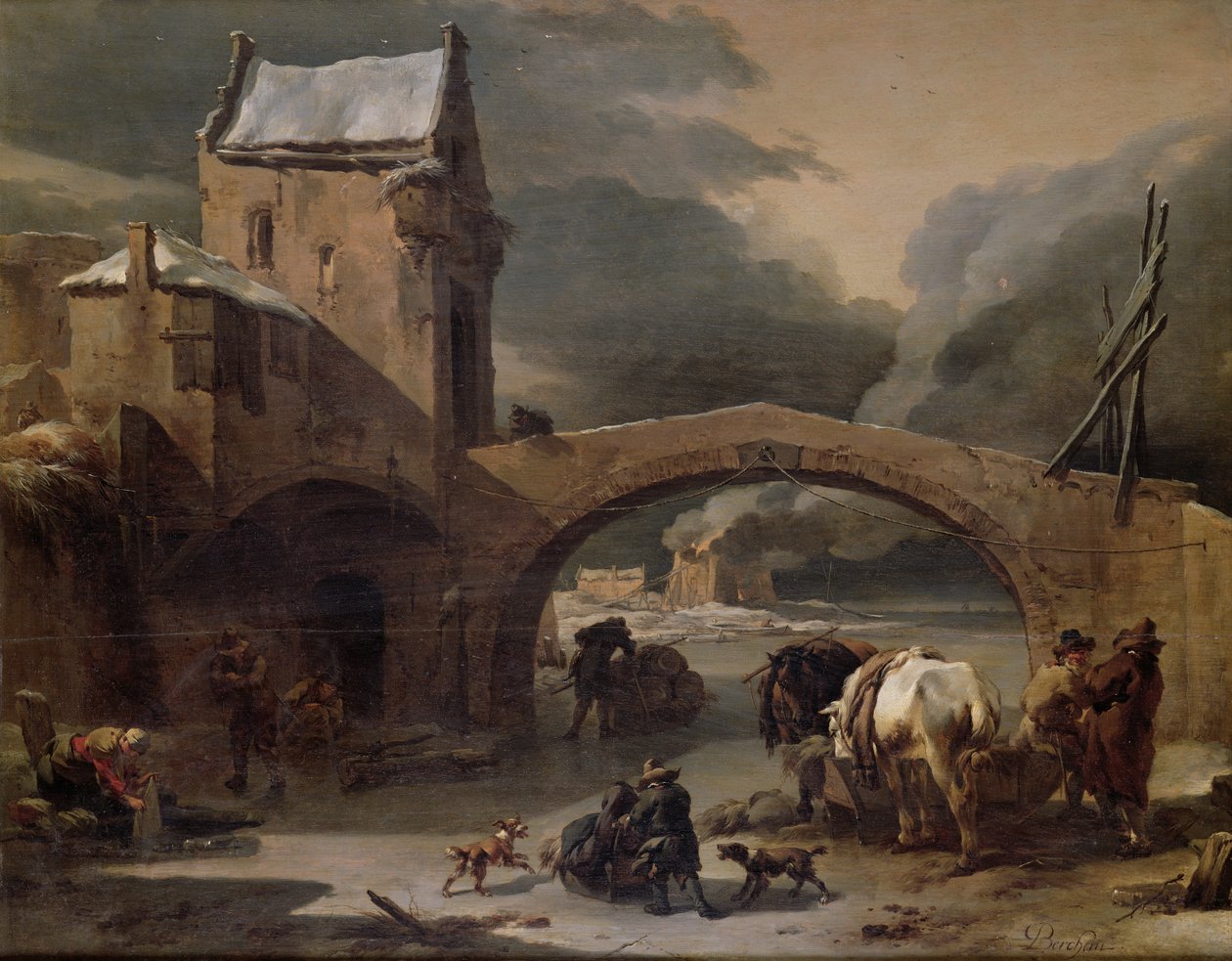 Uma Paisagem de Inverno com Camponeses e Cavalos em um Canal Congelado por uma Ponte Fortificada, c.1660-70 (óleo sobre painel) de Nicolaes Pietersz. Berchem