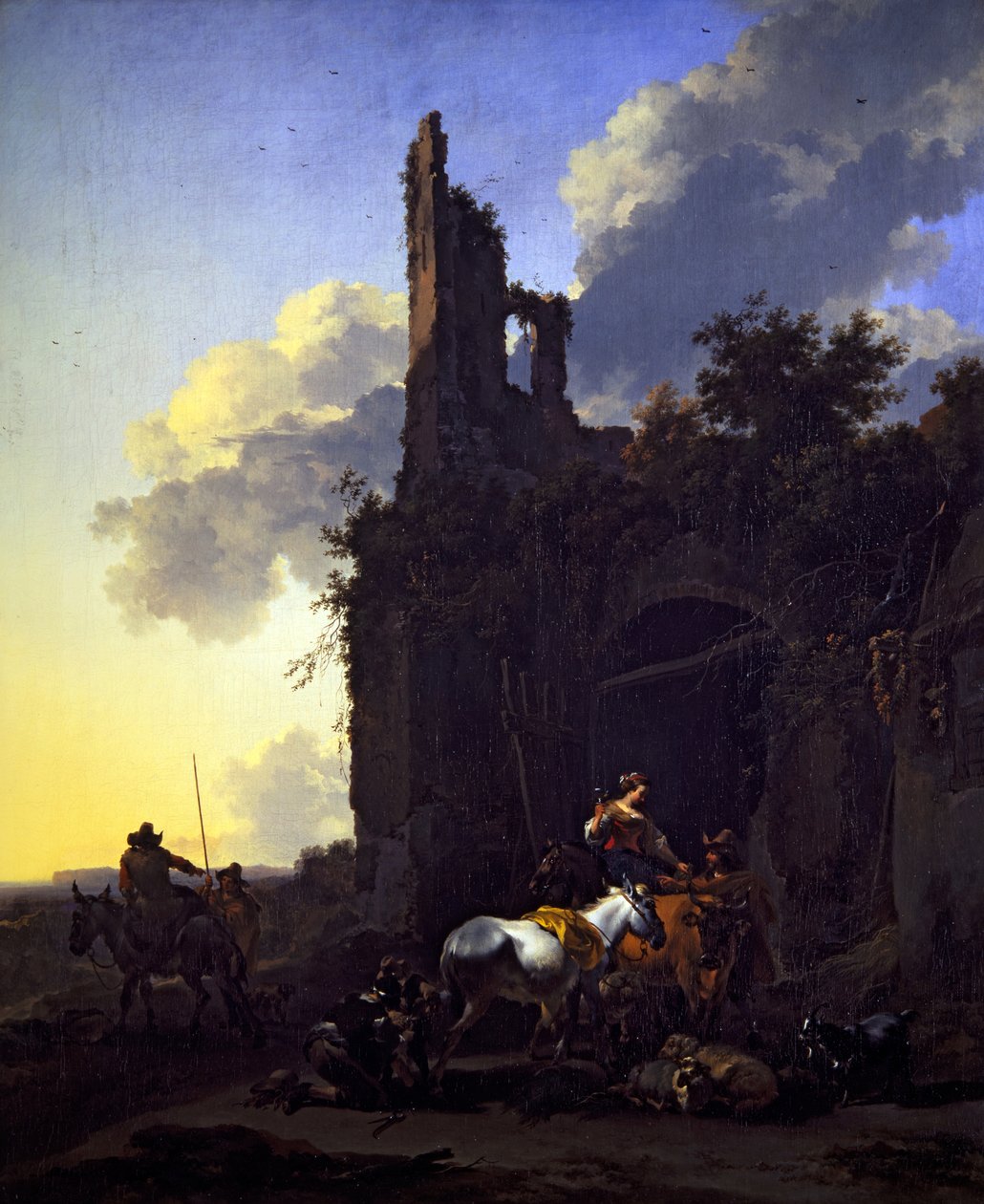 Paisagem italianizada com camponeses à porta de uma estalagem de Nicolaes Pietersz. Berchem
