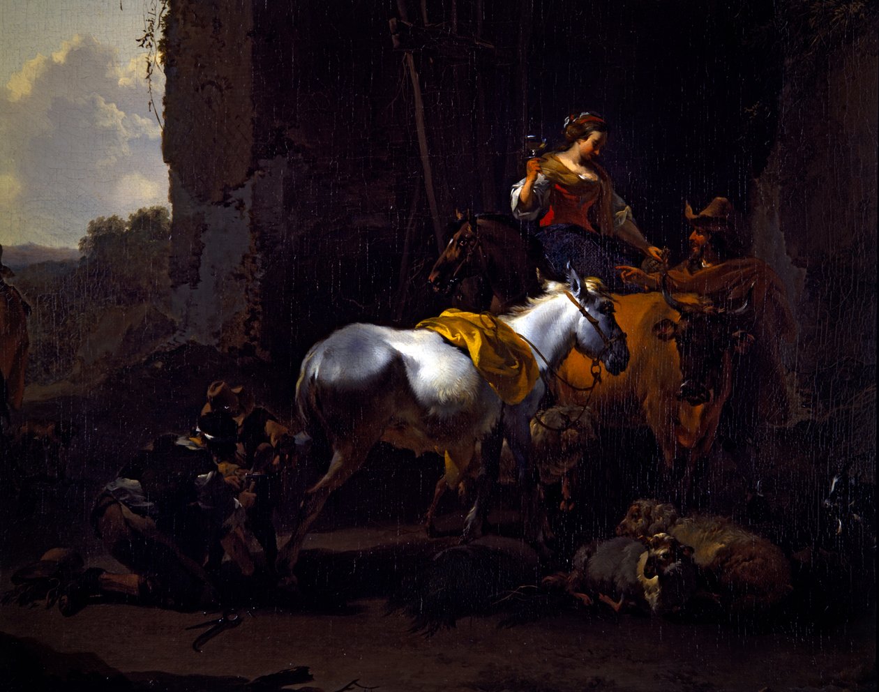 Paisagem italianizada com camponeses à porta de uma estalagem de Nicolaes Pietersz. Berchem