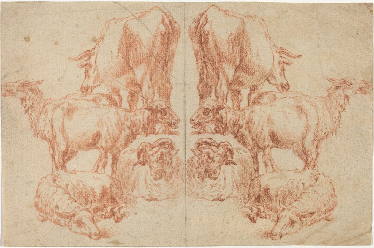 Quatro ovelhas e uma vaca de Nicolaes Pietersz Berchem