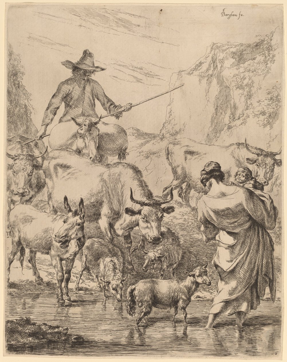 Rebanho cruzando o riacho de Nicolaes Pietersz Berchem