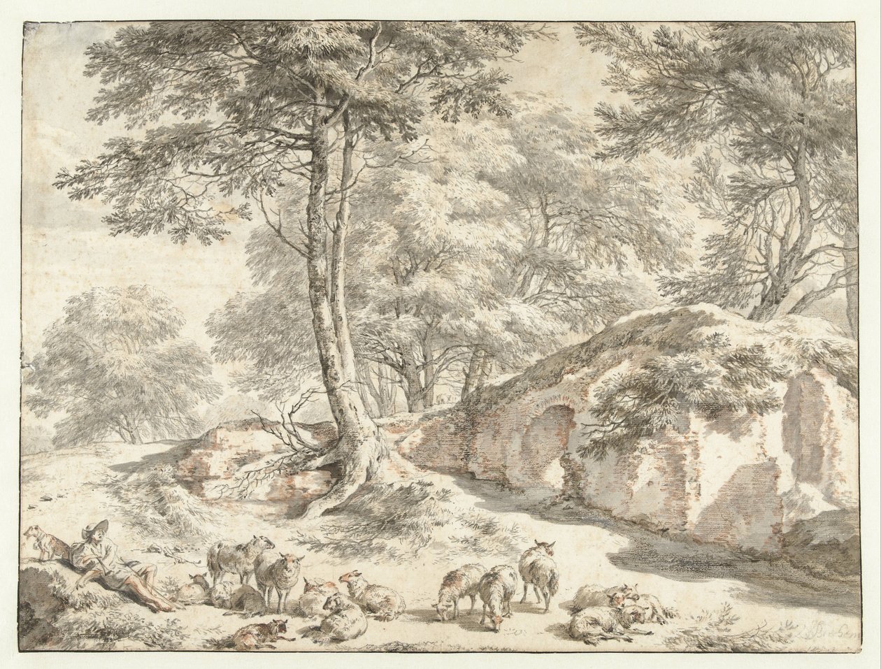 Pastor com ovelhas perto de uma ruína entre árvores de Nicolaes Pietersz Berchem