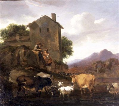 Pastores com gado bovino e caprino de Nicolaes Pietersz. Berchem